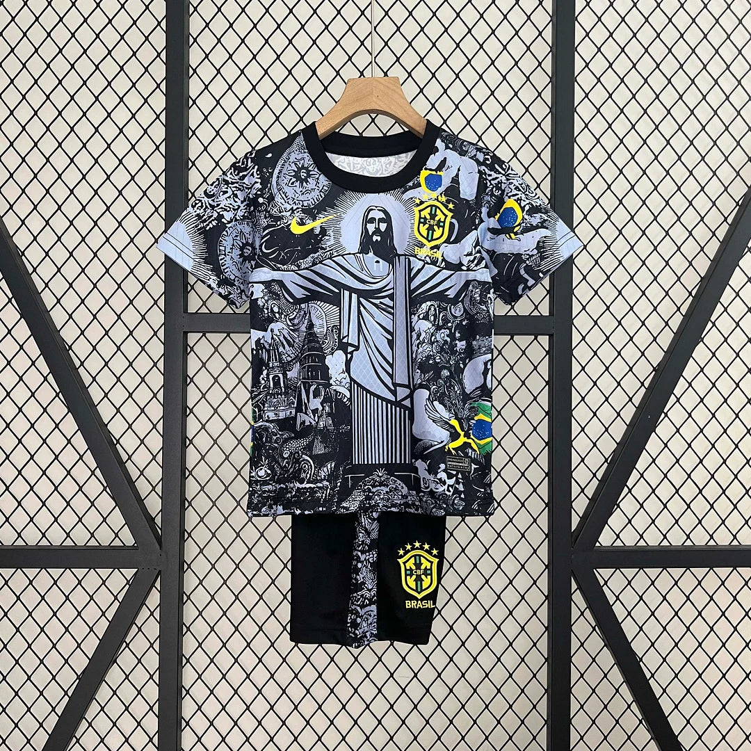 Maglia e pantaloncino da calcio Jesus nera e grigia, edizione speciale Brasile 2024, per bambini