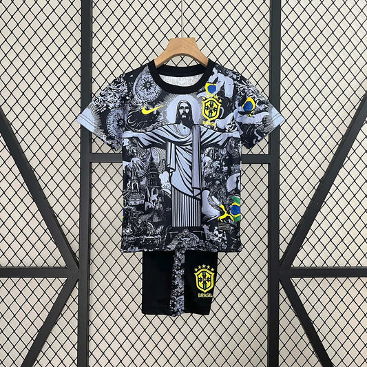 Maglia e pantaloncino da calcio Jesus nera e grigia, edizione speciale Brasile 2024, per bambini
