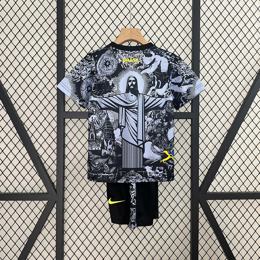 Maglia e pantaloncino da calcio Jesus nera e grigia, edizione speciale Brasile 2024, per bambini