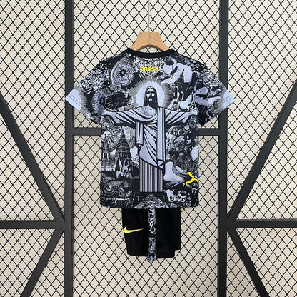 Maglia e pantaloncino da calcio Jesus nera e grigia, edizione speciale Brasile 2024, per bambini