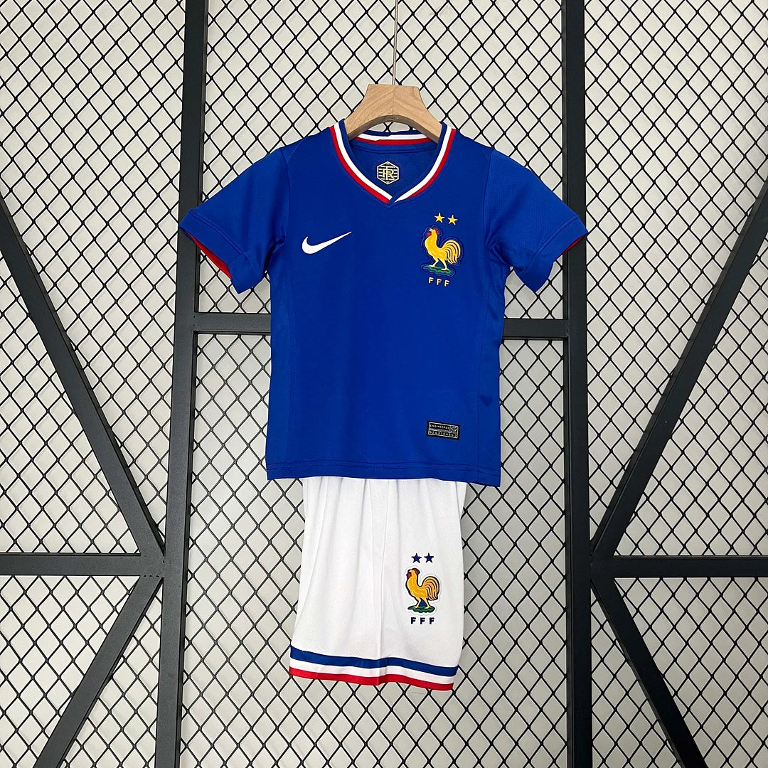 Maglia e pantaloncino da calcio casalinga della Francia 2024, per bambini
