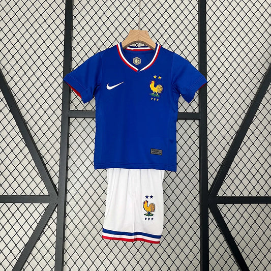 Maglia e pantaloncino da calcio casalinga della Francia 2024, per bambini
