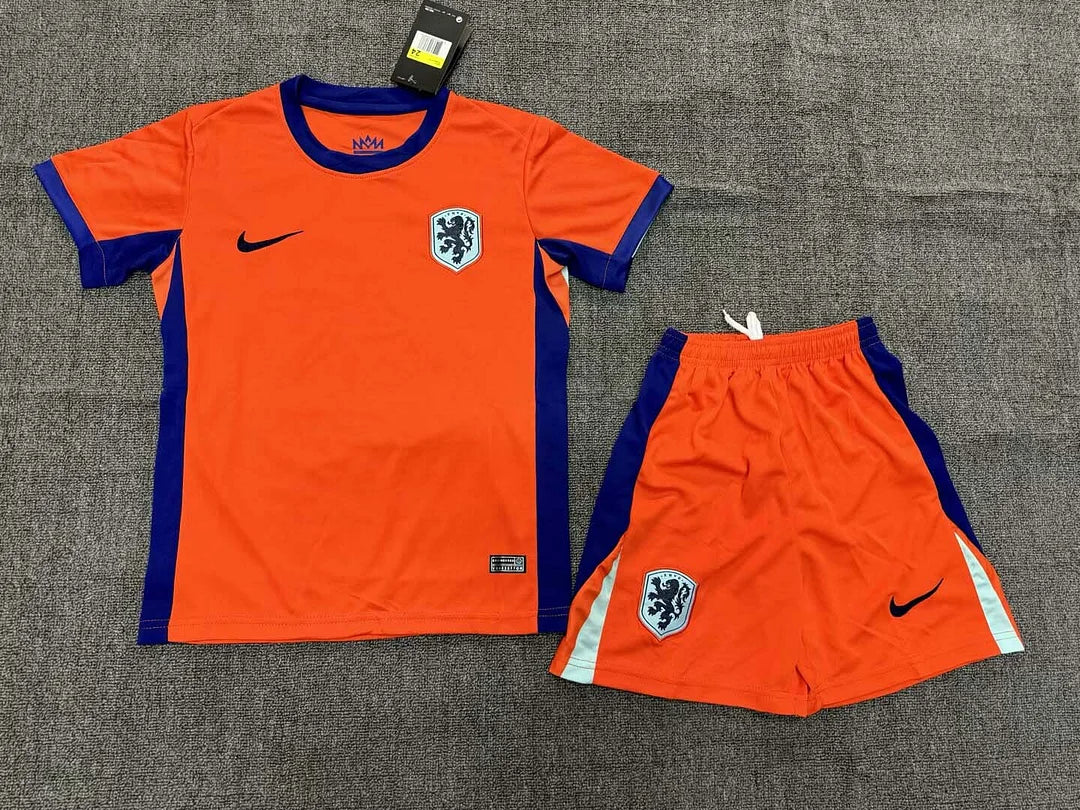 Maglia e pantaloncino da calcio casalinga dei Paesi Bassi 2024, per bambini